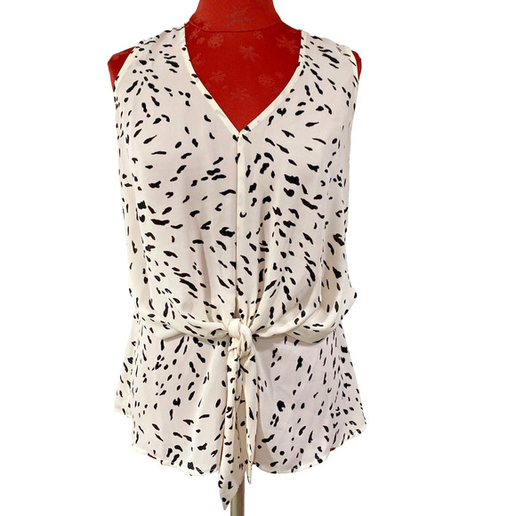 Chelsea28 Size M Sleeveless Blouse Top Faux Tie Waist Cream Black Animal Print - Picture 1 of 9